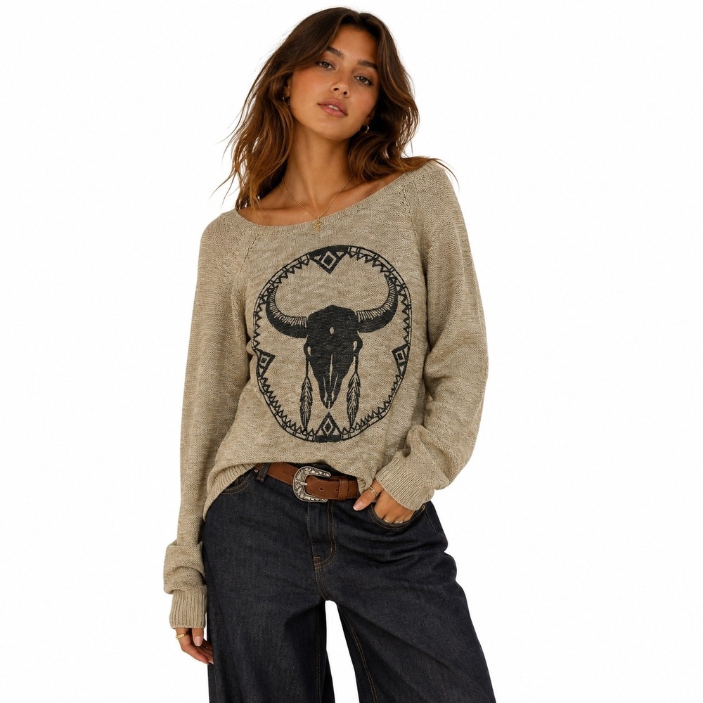 Western Tan Bull Skull Open Back Knit Sweater Brokedown Size M